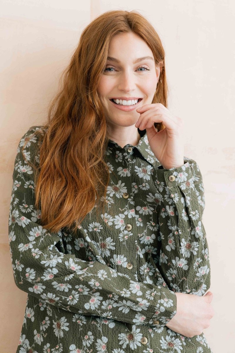 Patsy Textured Crepe Printed Shirt Olive - RUTHERFORD & Co