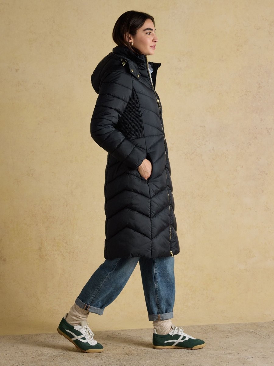 Pembury Navy Showerproof Longline Padded Coat with Hood - RUTHERFORD & Co