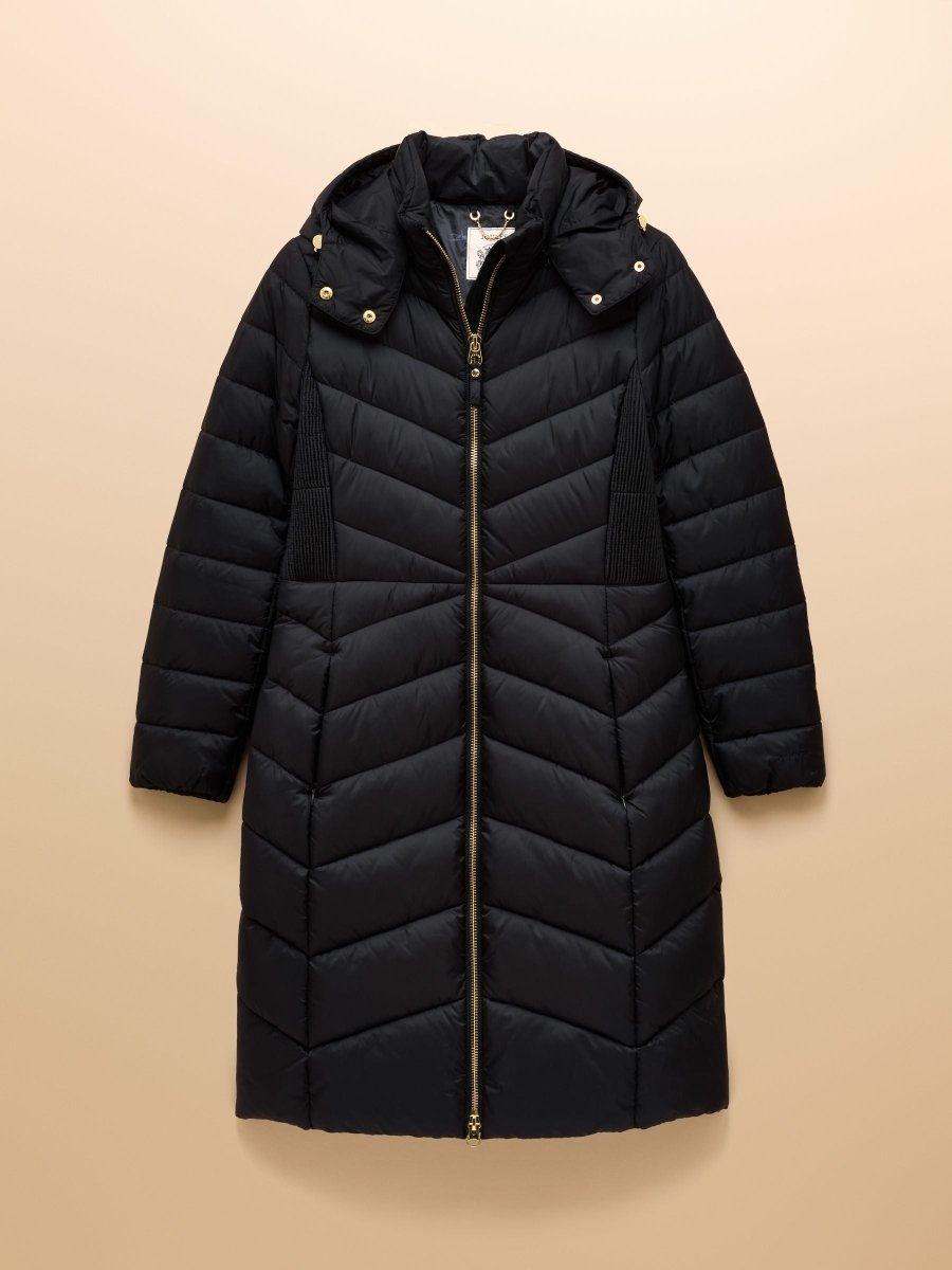 Pembury Navy Showerproof Longline Padded Coat with Hood - RUTHERFORD & Co