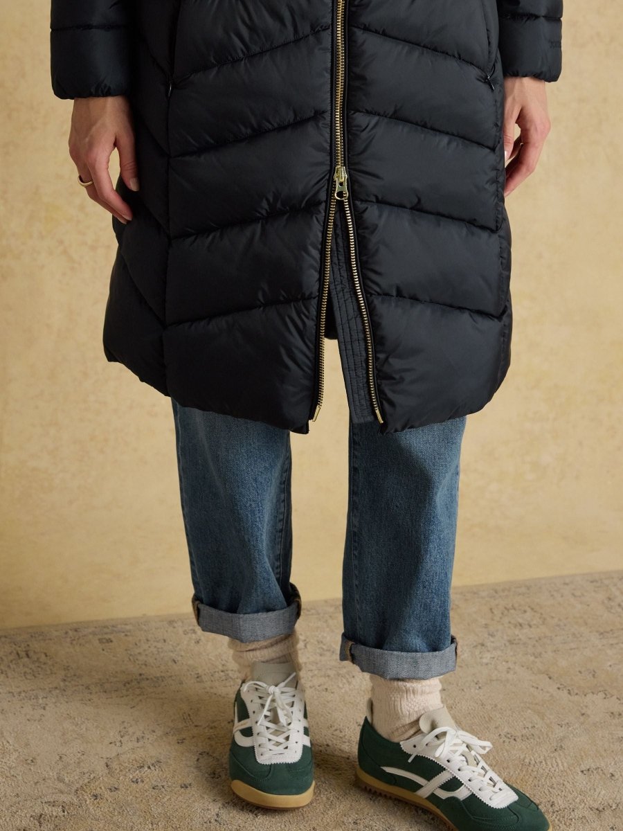 Pembury Navy Showerproof Longline Padded Coat with Hood - RUTHERFORD & Co