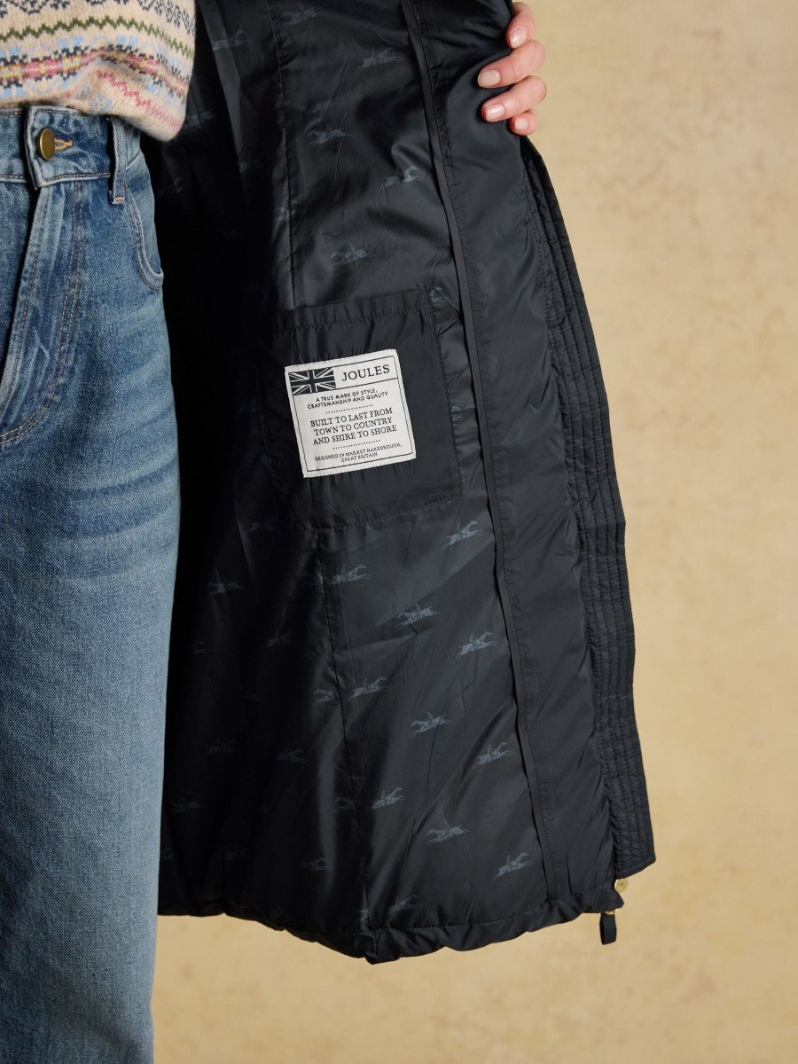 Pembury Navy Showerproof Longline Padded Coat with Hood - RUTHERFORD & Co