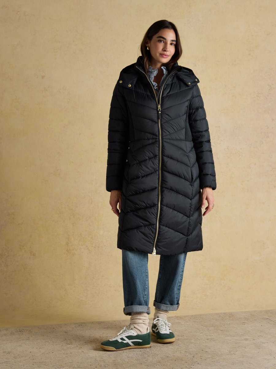Pembury Navy Showerproof Longline Padded Coat with Hood - RUTHERFORD & Co