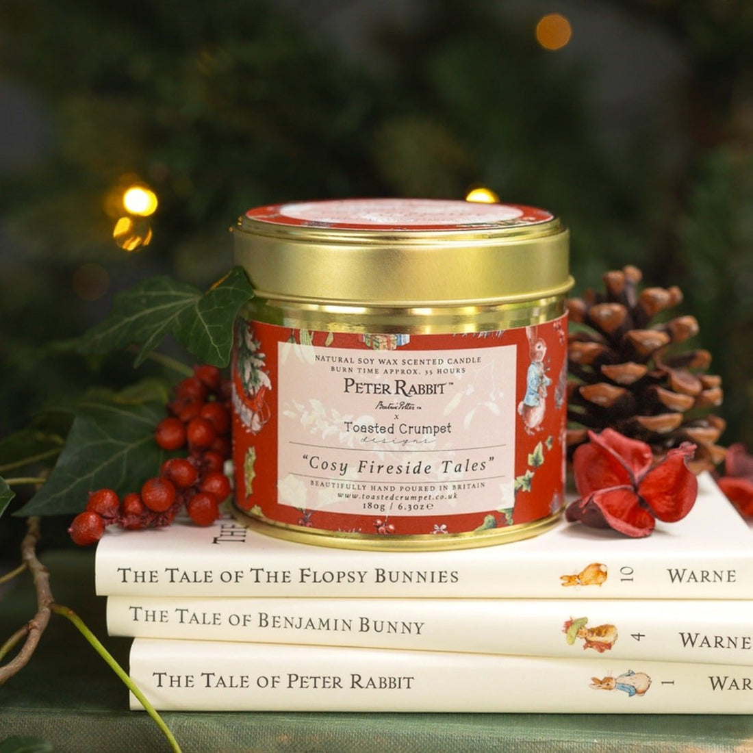 Peter Rabbit & Friends “Cosy Fireside Tales” Candle in a Matt Gold Tin - RUTHERFORD & Co