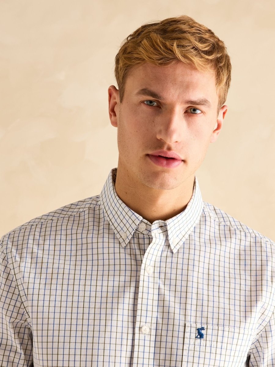 Poplin Blue & Green Check Classic Fit Shirt - RUTHERFORD & Co