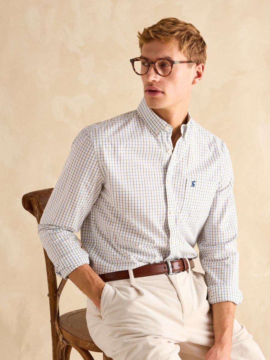 Poplin Blue & Green Check Classic Fit Shirt - RUTHERFORD & Co