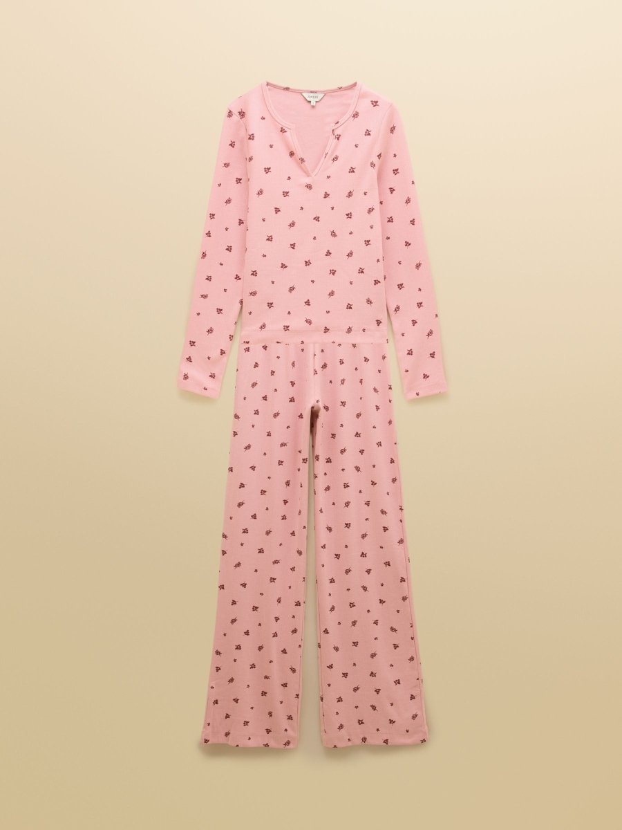 Printed Cotton Long Sleeve Pyjama Set - Pink Floral - RUTHERFORD & Co