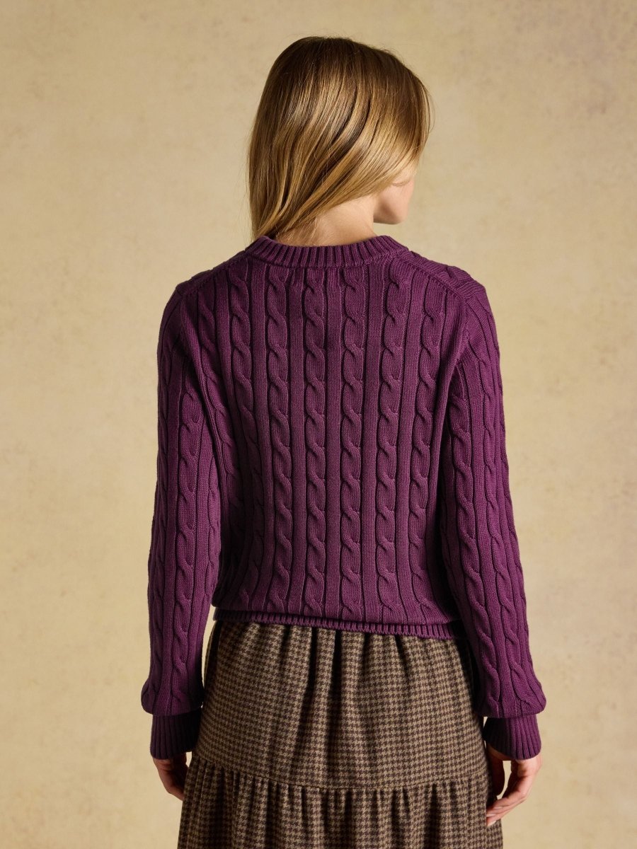 Purple Berry Classic Crew Neck Cotton Cable Knit Jumper - RUTHERFORD & Co