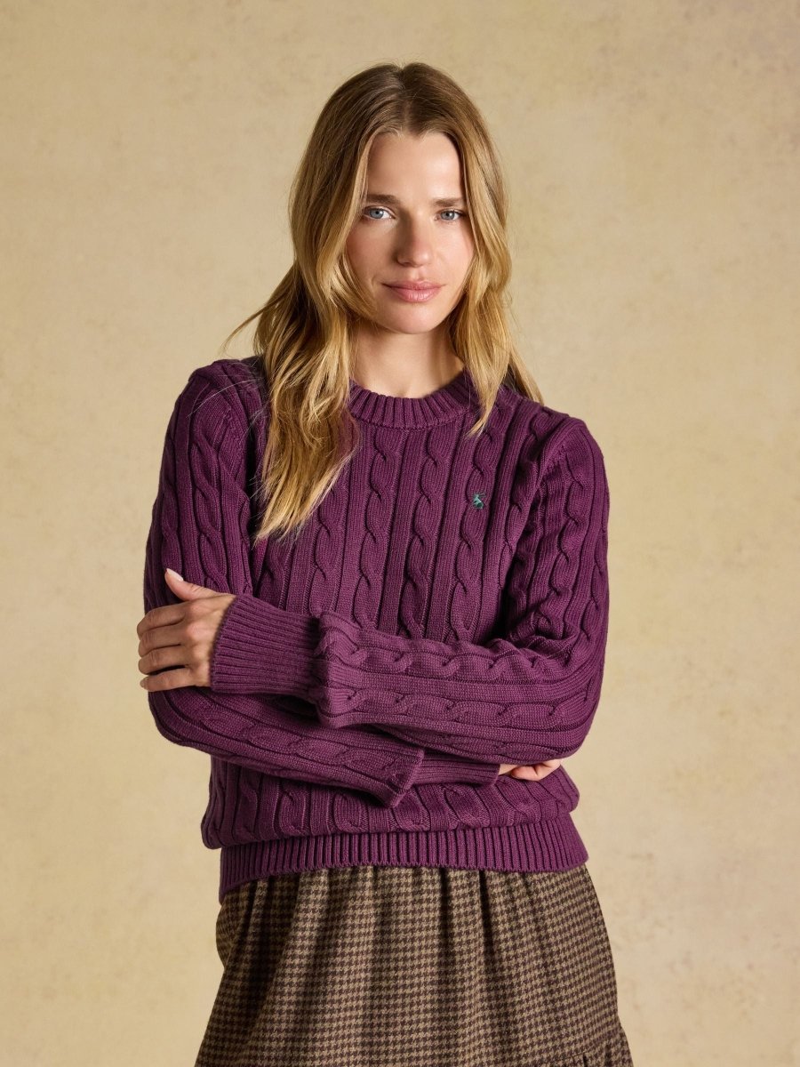 Purple Berry Classic Crew Neck Cotton Cable Knit Jumper - RUTHERFORD & Co