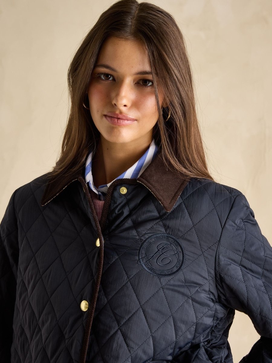 Quinn Navy Showerproof Diamond Quilted Coat - RUTHERFORD & Co