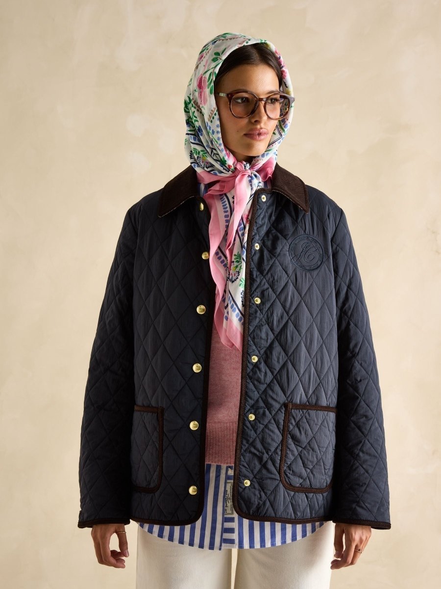 Quinn Navy Showerproof Diamond Quilted Coat - RUTHERFORD & Co