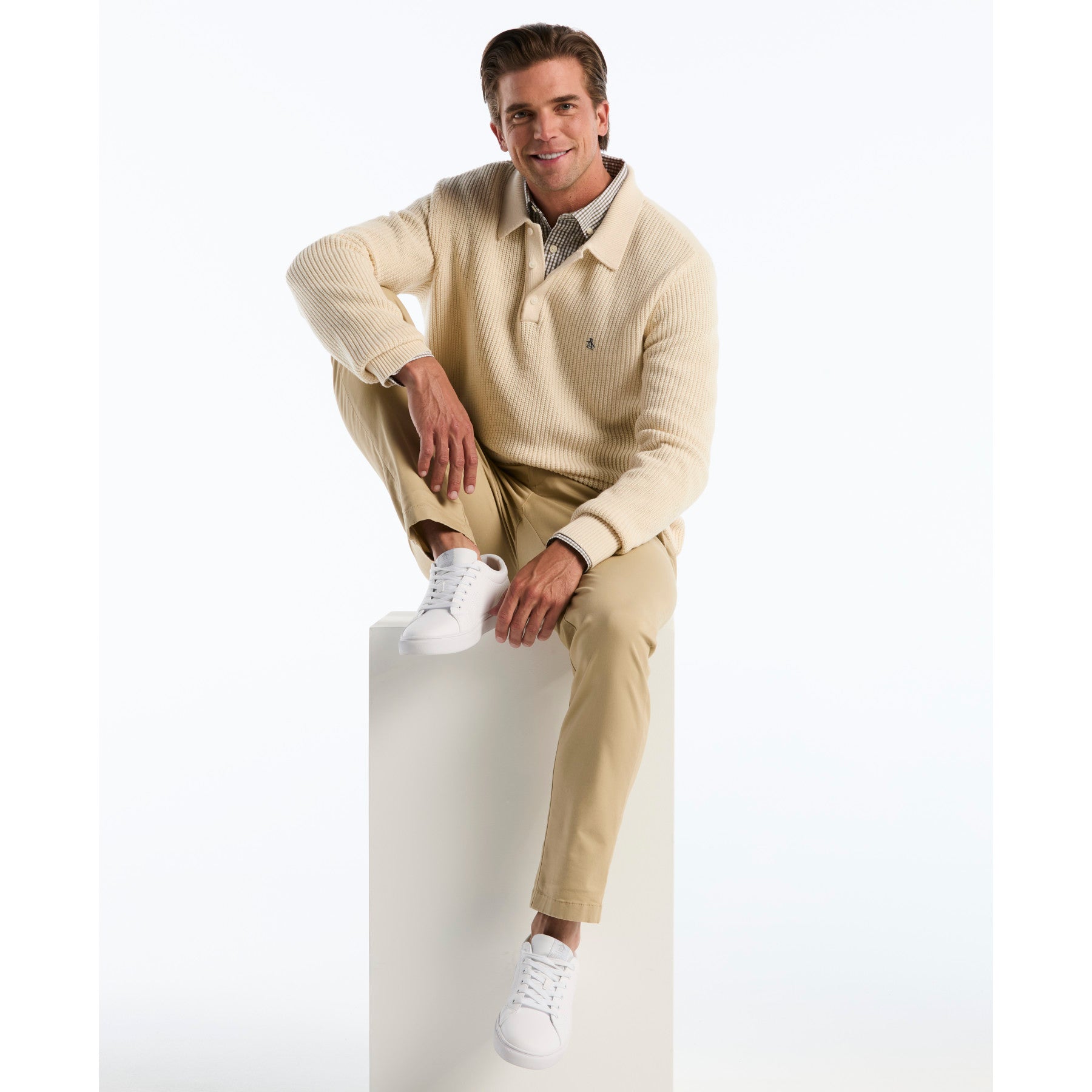 Half Cardigan Long Sleeve Sweater Polo In Birch