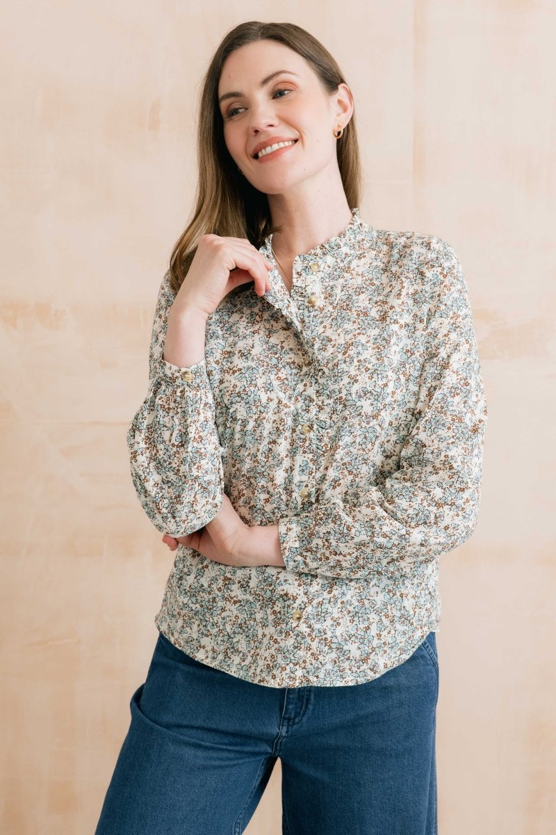 Rachel Organic Cotton Frill Blouse Powder Blue - RUTHERFORD & Co