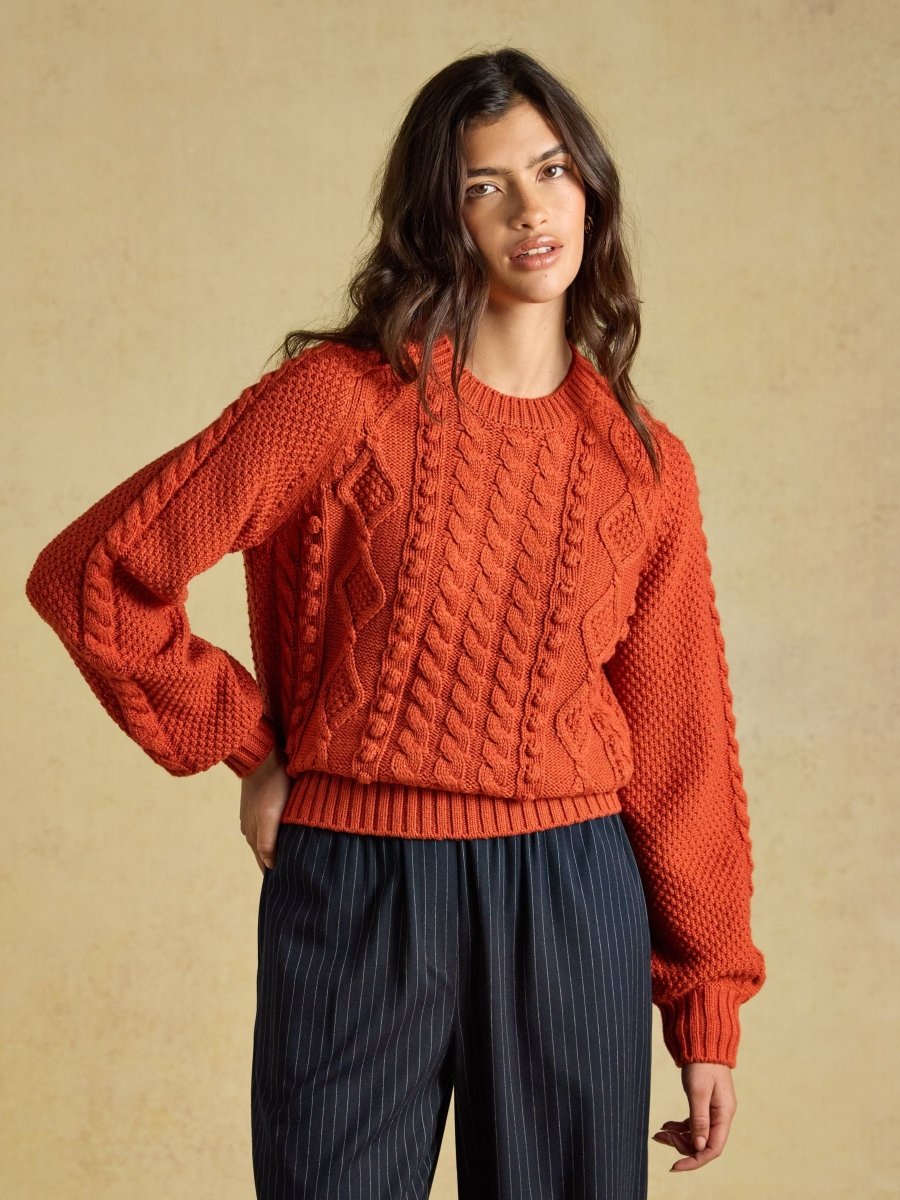 Rafferty Burnt Orange Cable Knit Crew Neck Jumper - RUTHERFORD & Co