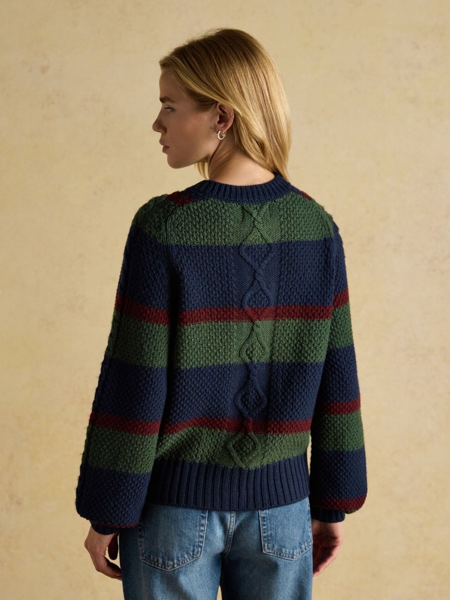 Rafferty Navy & Green Striped Cable Knit Cardigan - RUTHERFORD & Co