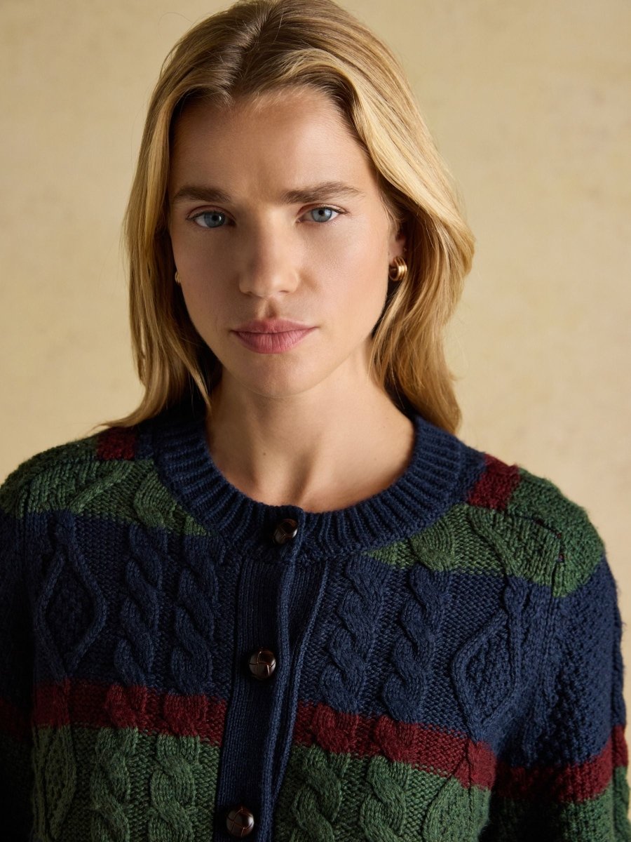 Rafferty Navy & Green Striped Cable Knit Cardigan - RUTHERFORD & Co