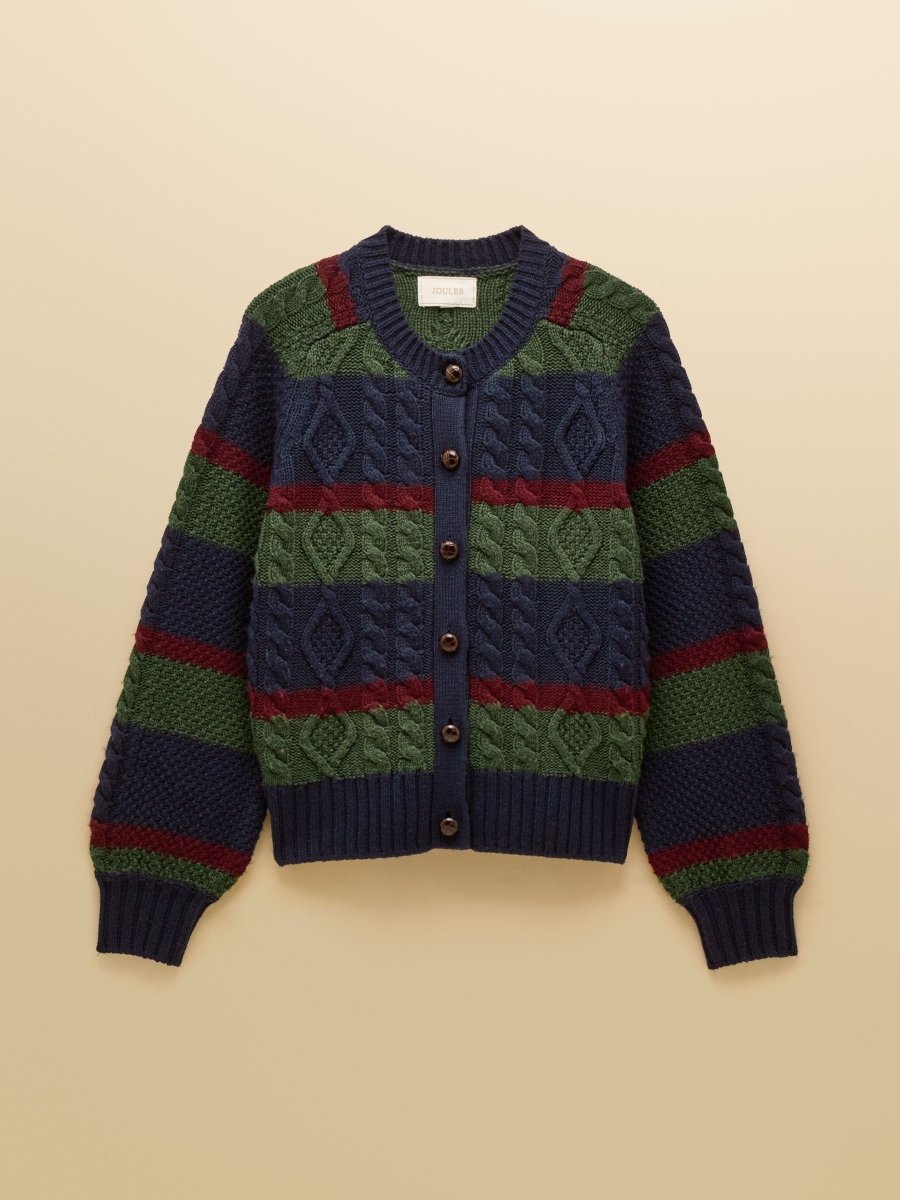 Rafferty Navy & Green Striped Cable Knit Cardigan - RUTHERFORD & Co
