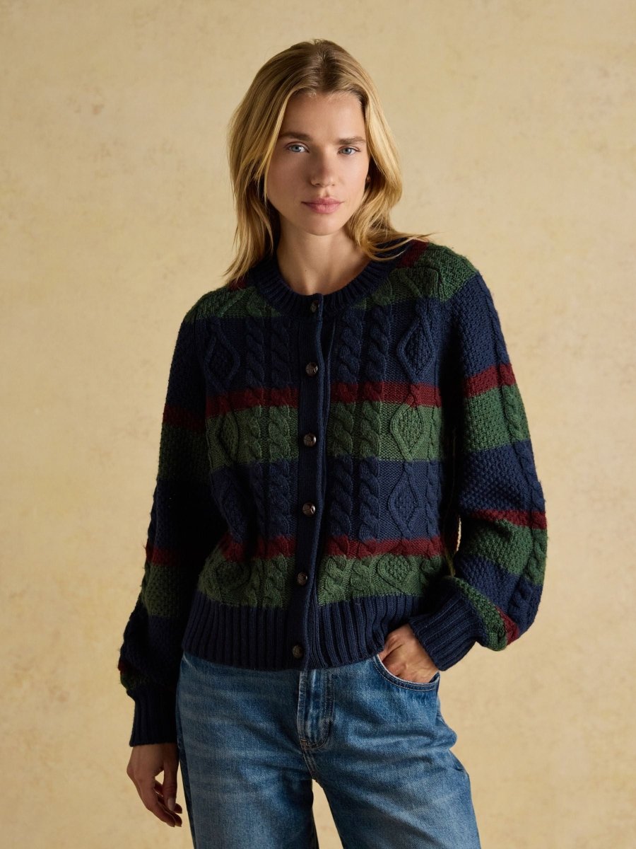 Rafferty Navy & Green Striped Cable Knit Cardigan - RUTHERFORD & Co