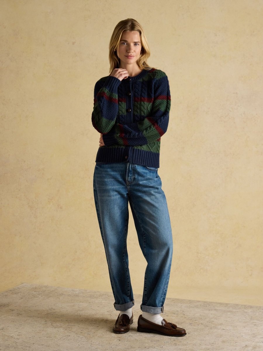 Rafferty Navy & Green Striped Cable Knit Cardigan - RUTHERFORD & Co