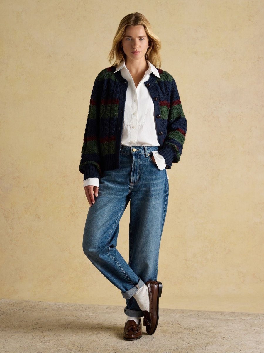 Rafferty Navy & Green Striped Cable Knit Cardigan - RUTHERFORD & Co