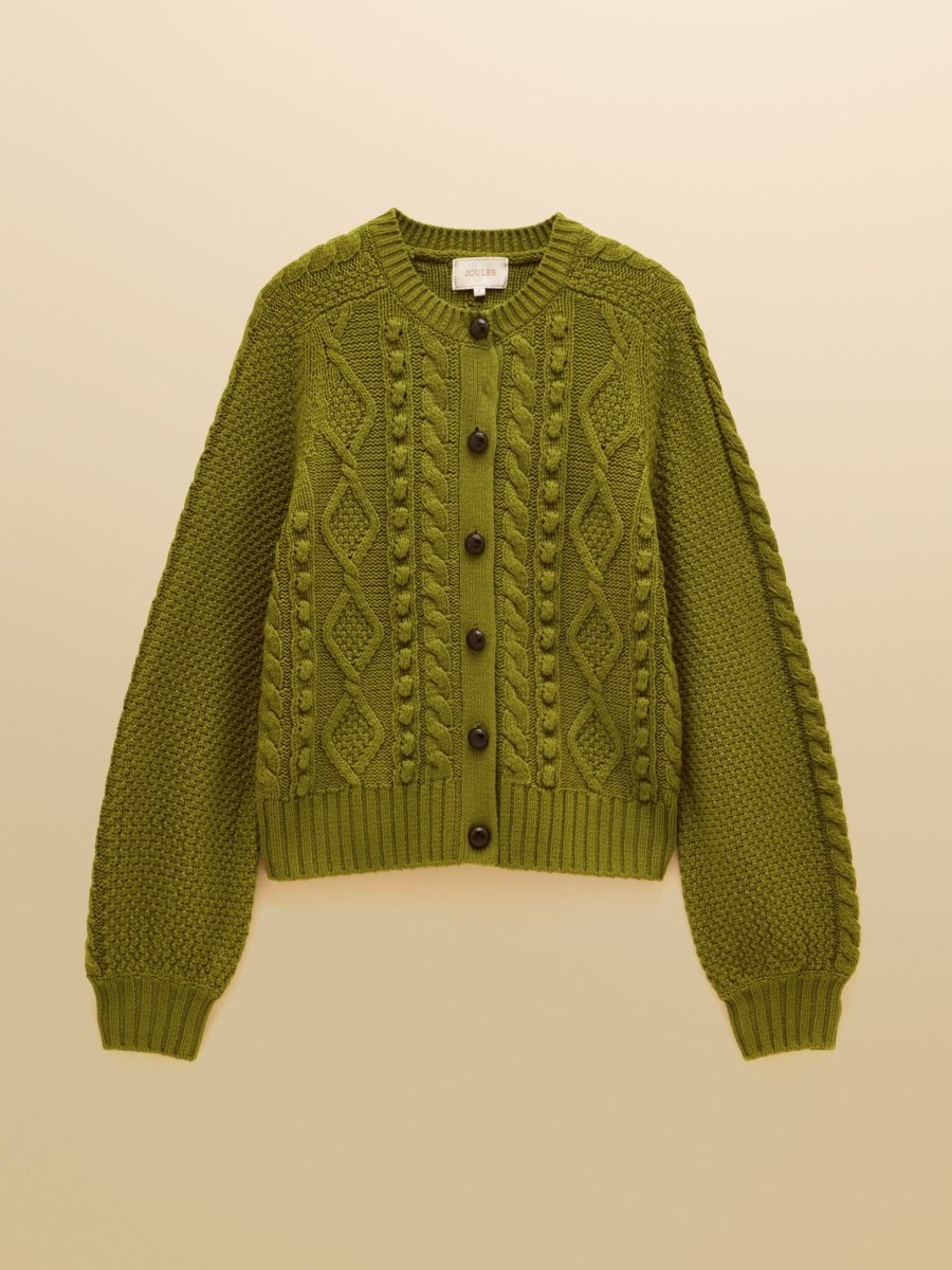 Rafferty Olive Green Cable Knit Crew Neck Cardigan - RUTHERFORD & Co