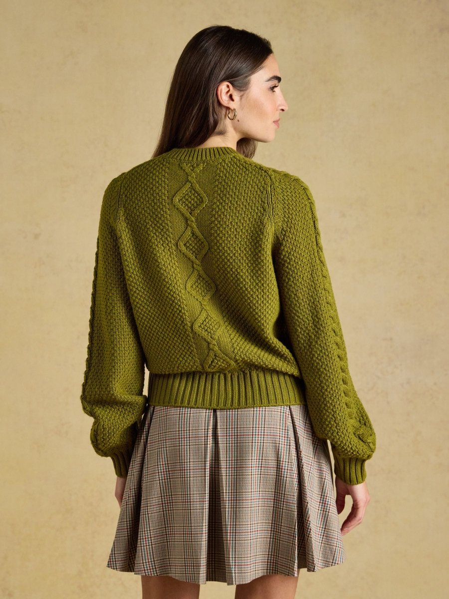 Rafferty Olive Green Cable Knit Crew Neck Cardigan - RUTHERFORD & Co