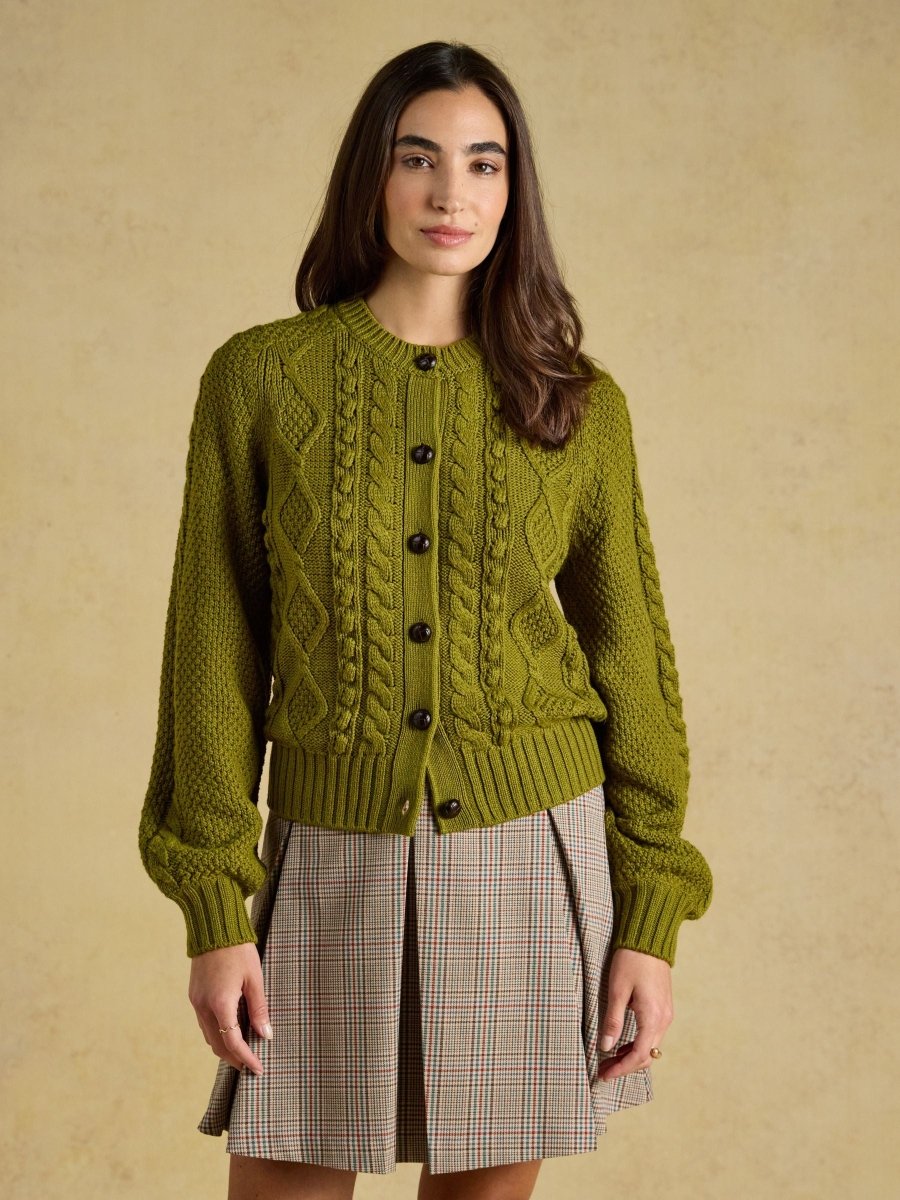 Rafferty Olive Green Cable Knit Crew Neck Cardigan - RUTHERFORD & Co