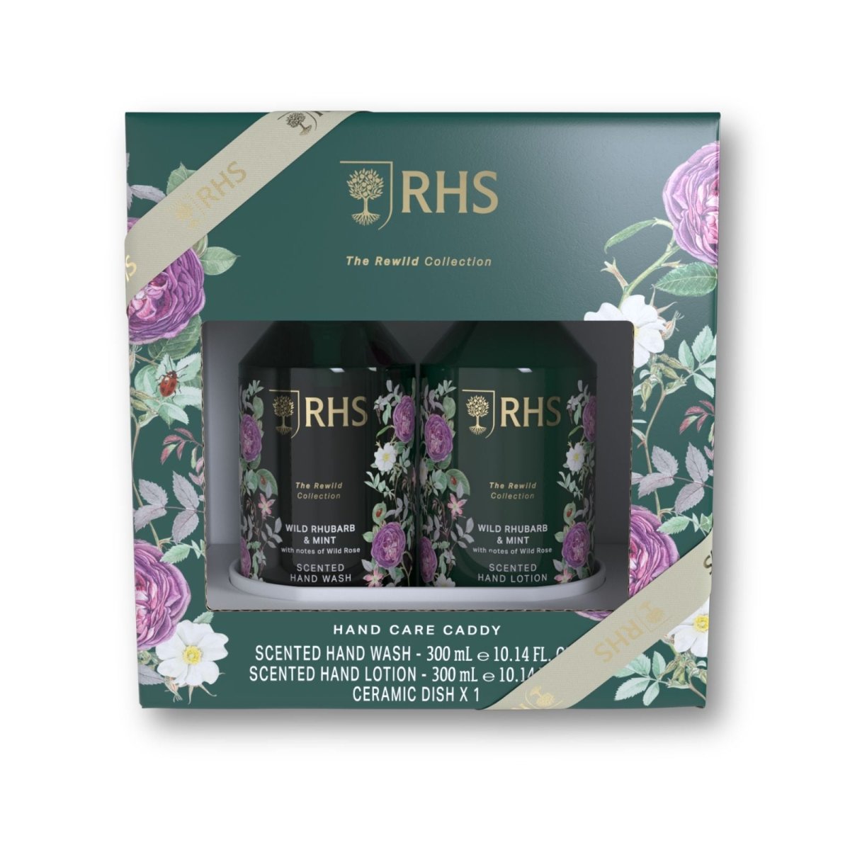 RHS Hand Care Caddy Rewild Rhubarb and Mint 2 x 300ml - RUTHERFORD & Co
