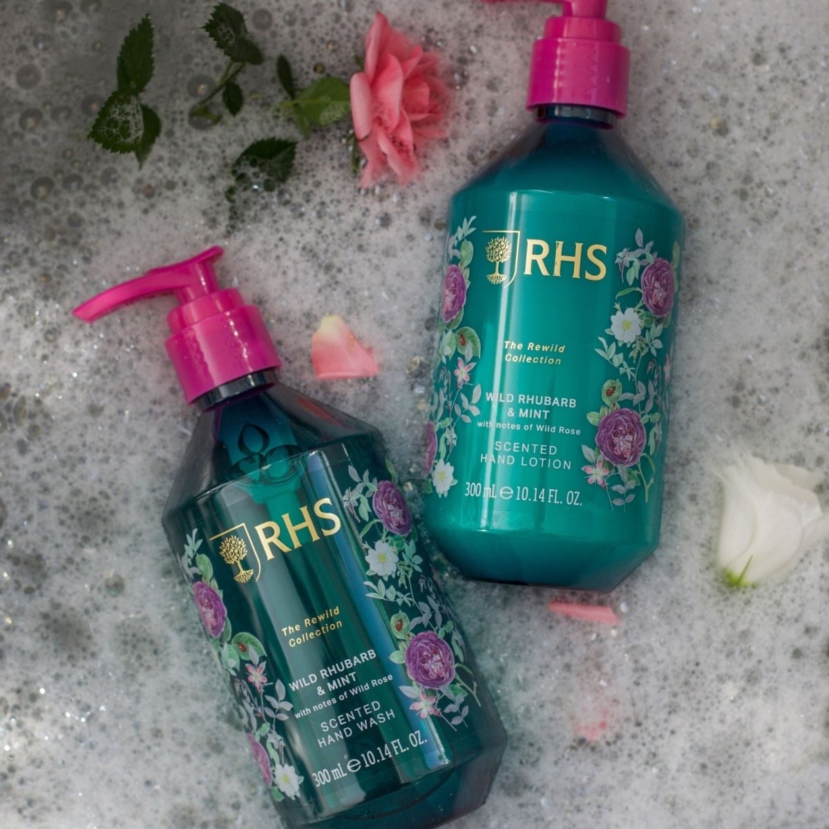 RHS Hand Care Caddy Rewild Rhubarb and Mint 2 x 300ml - RUTHERFORD & Co
