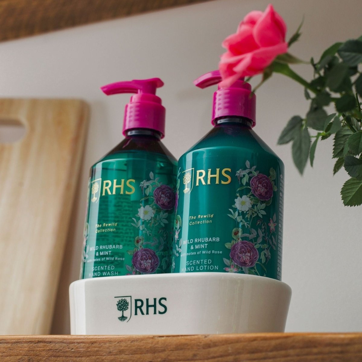 RHS Hand Care Caddy Rewild Rhubarb and Mint 2 x 300ml - RUTHERFORD & Co