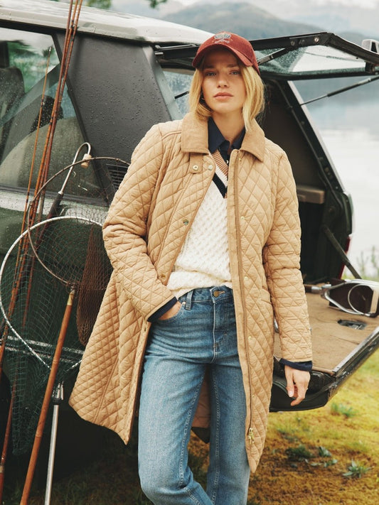 Rosewell Tan Brown Showerproof Longline Diamond Quilted Coat - RUTHERFORD & Co