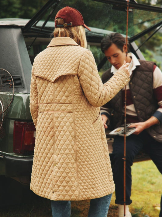 Rosewell Tan Brown Showerproof Longline Diamond Quilted Coat - RUTHERFORD & Co