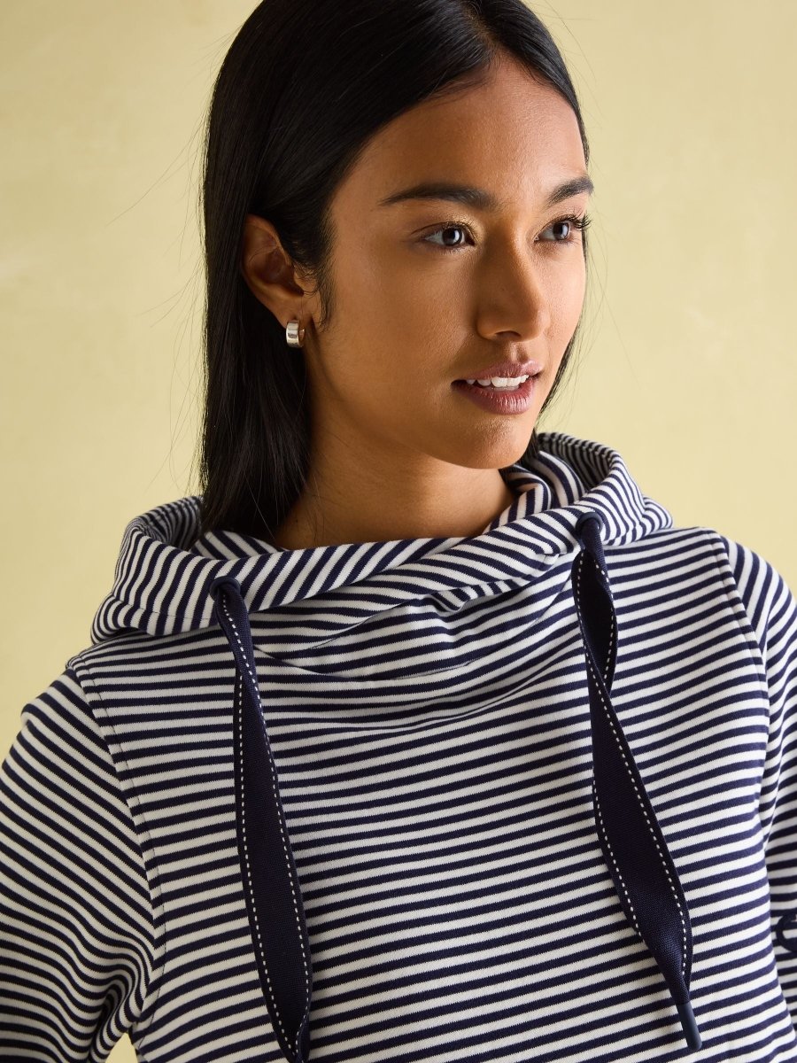 Rushton Navy Blue Stripe Cowl Neck 100% Cotton Hoodie - RUTHERFORD & Co