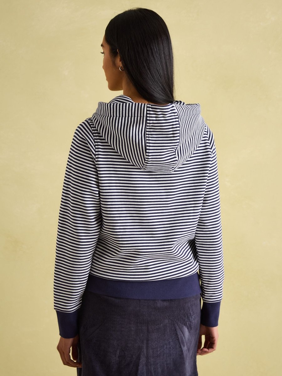 Rushton Navy Blue Stripe Cowl Neck 100% Cotton Hoodie - RUTHERFORD & Co