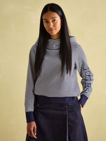 Rushton Navy Blue Stripe Cowl Neck 100% Cotton Hoodie - RUTHERFORD & Co