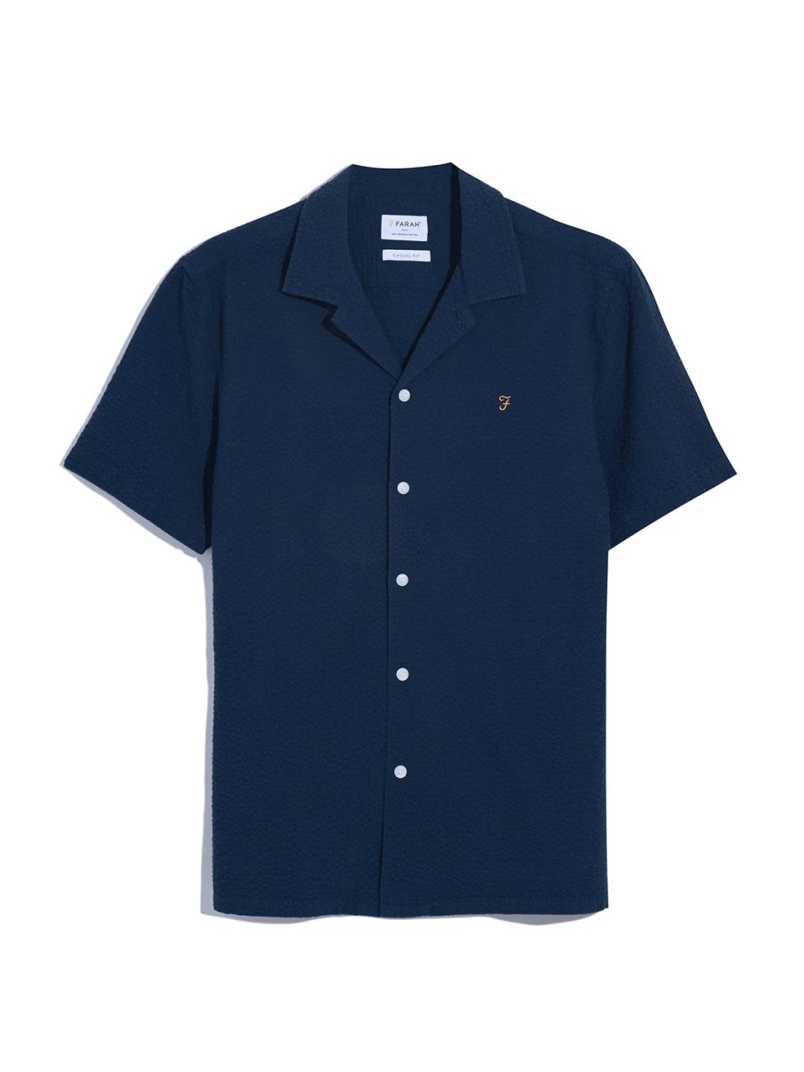 Rutherford Short Sleeve Seersucker Shirt In True Navy - RUTHERFORD & Co