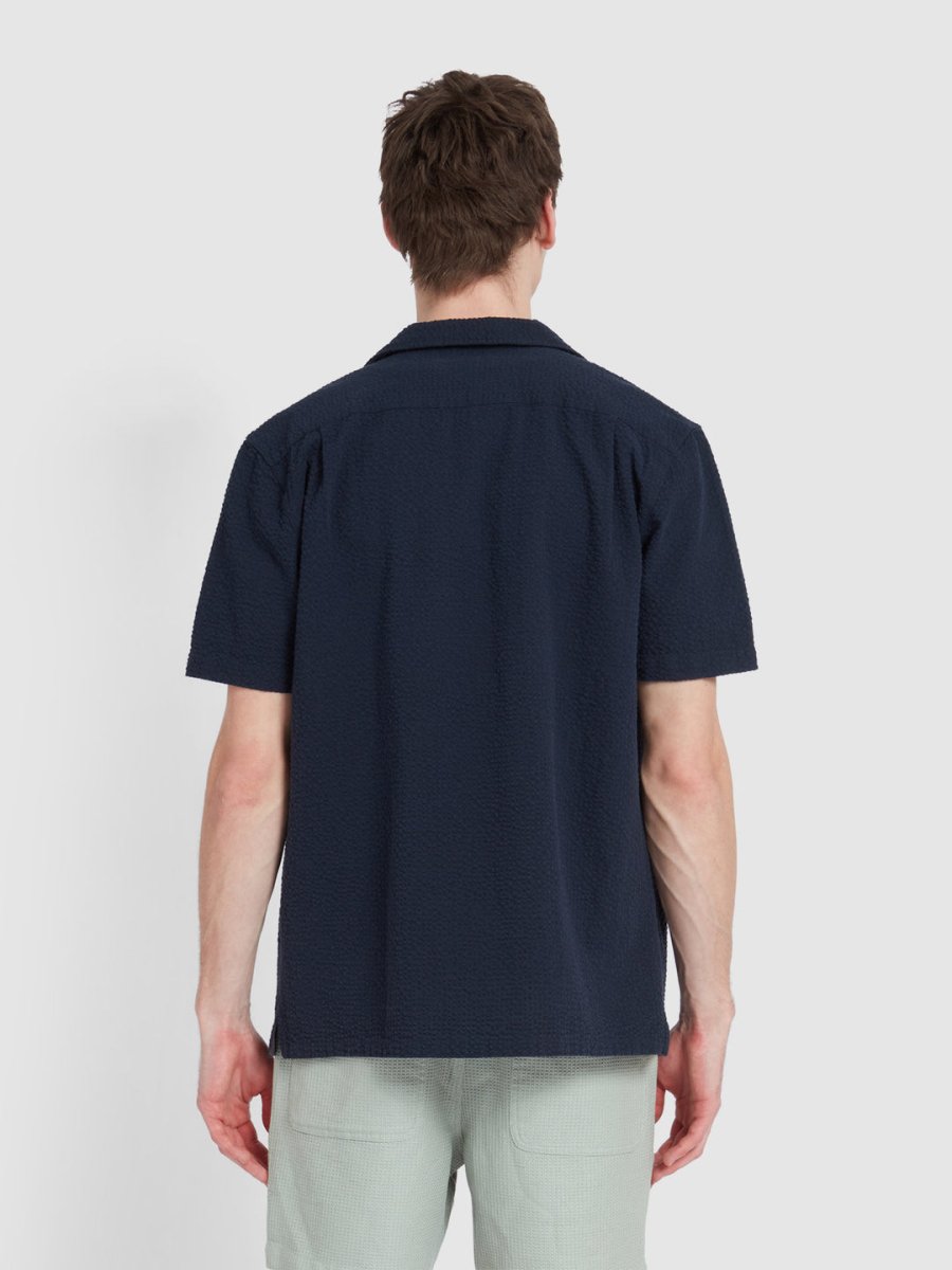 Rutherford Short Sleeve Seersucker Shirt In True Navy - RUTHERFORD & Co