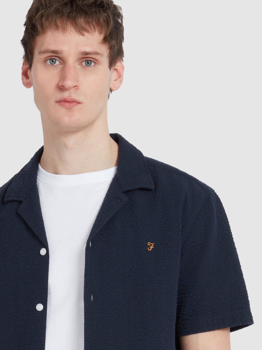 Rutherford Short Sleeve Seersucker Shirt In True Navy - RUTHERFORD & Co