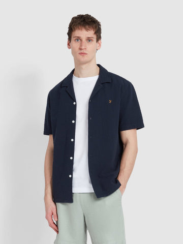 Rutherford Short Sleeve Seersucker Shirt In True Navy - RUTHERFORD & Co
