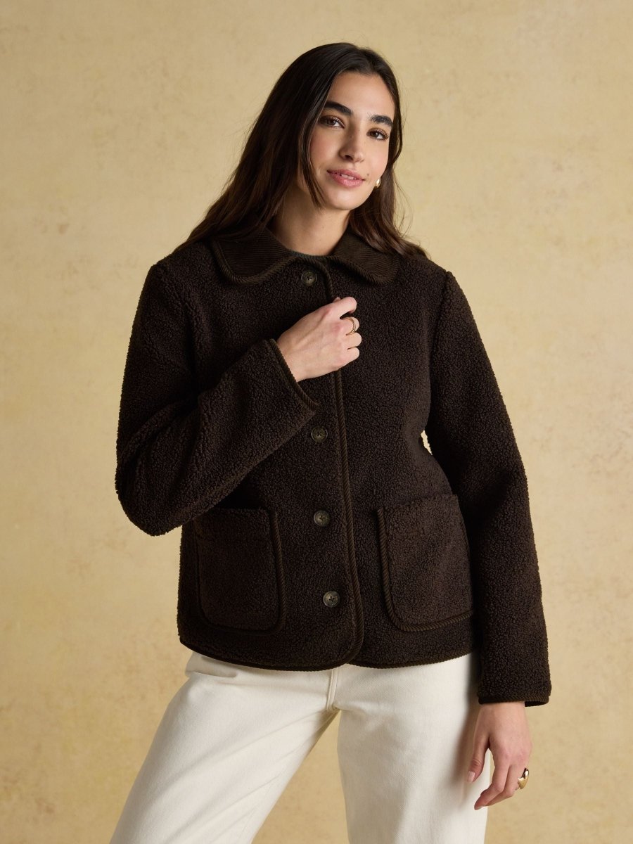 Sadie Chocolate Brown Collared Fleece Jacket - RUTHERFORD & Co