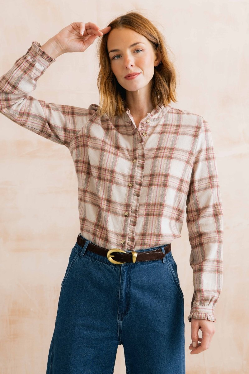 Sage Frill Organic Brushed Cotton Checked Blouse Multi - RUTHERFORD & Co