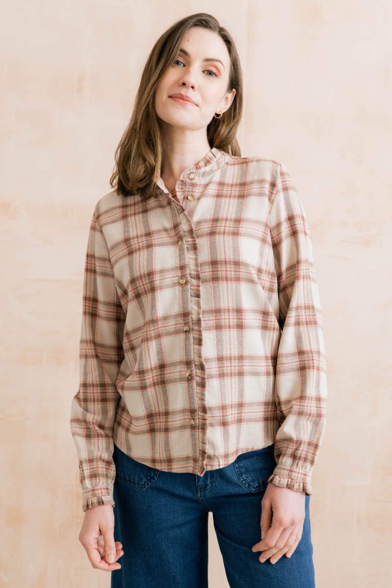 Sage Frill Organic Brushed Cotton Checked Blouse Multi - RUTHERFORD & Co