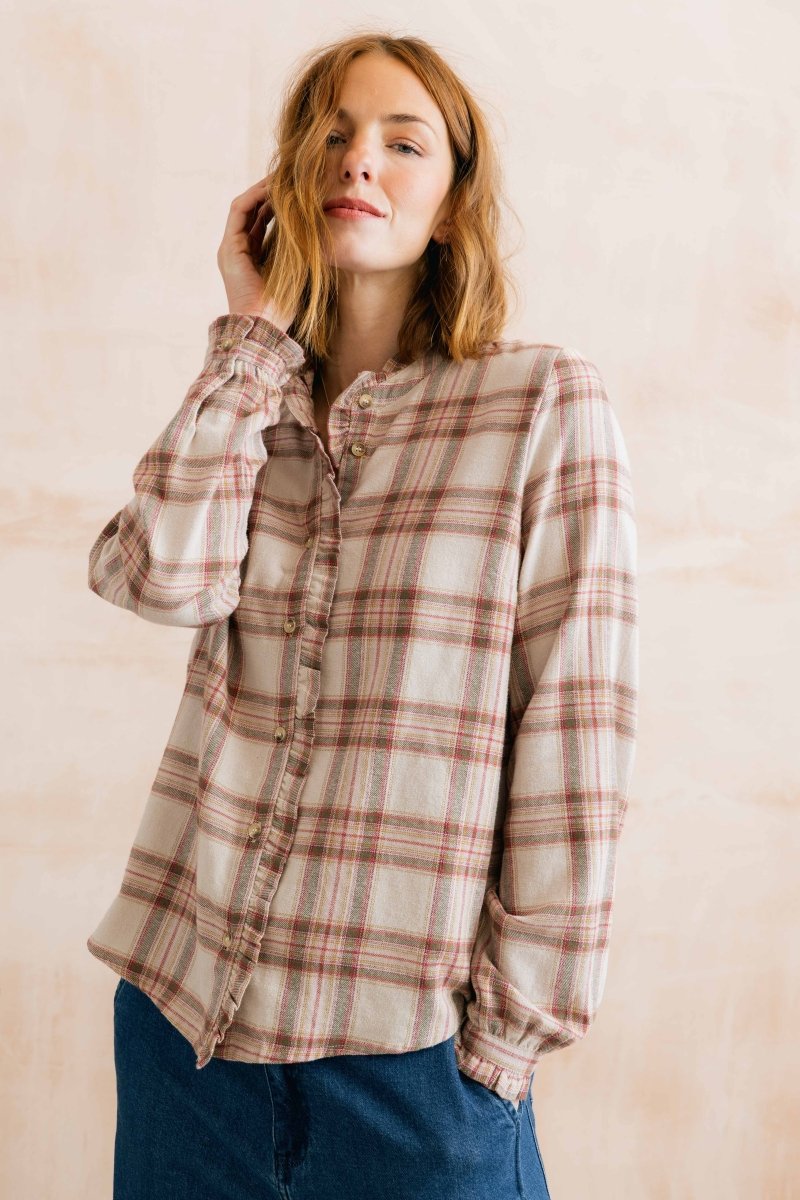 Sage Frill Organic Brushed Cotton Checked Blouse Multi - RUTHERFORD & Co