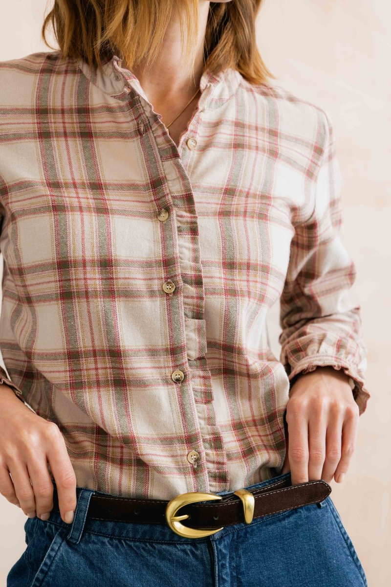 Sage Frill Organic Brushed Cotton Checked Blouse Multi - RUTHERFORD & Co