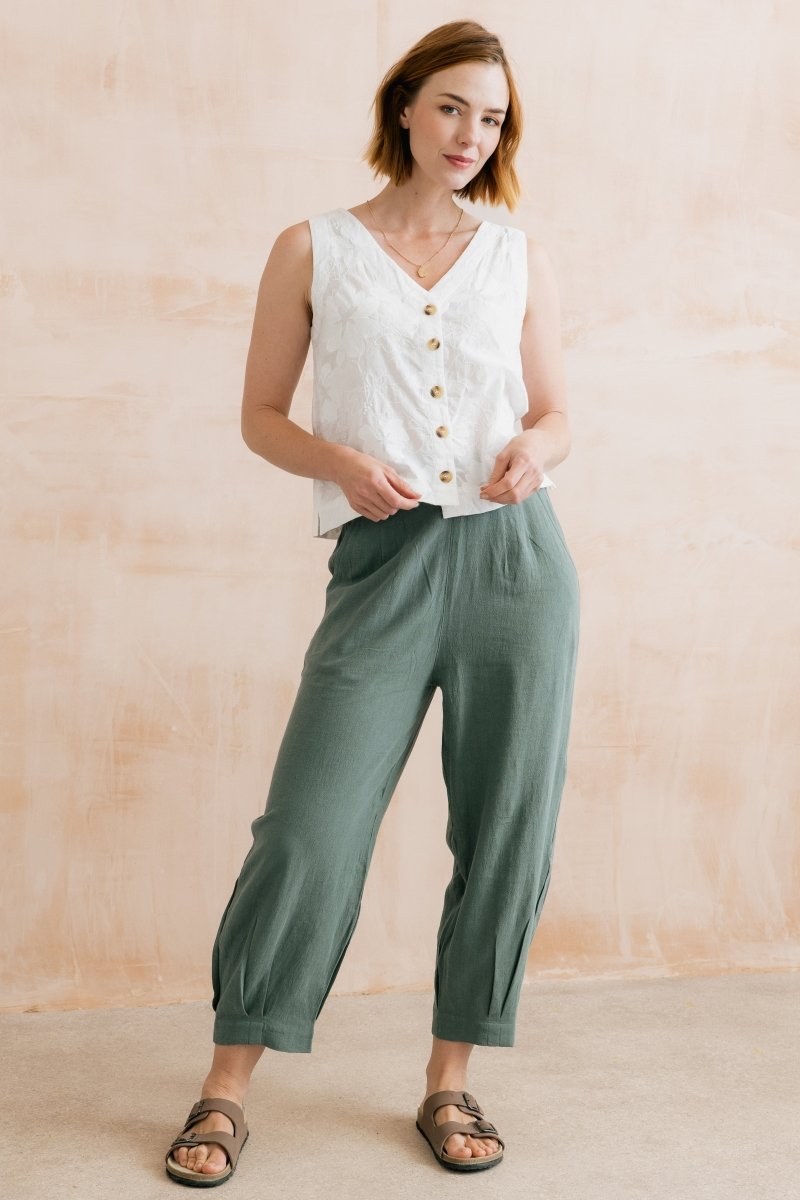 Sail Linen Blend Cropped Trousers Laurel Green - RUTHERFORD & Co