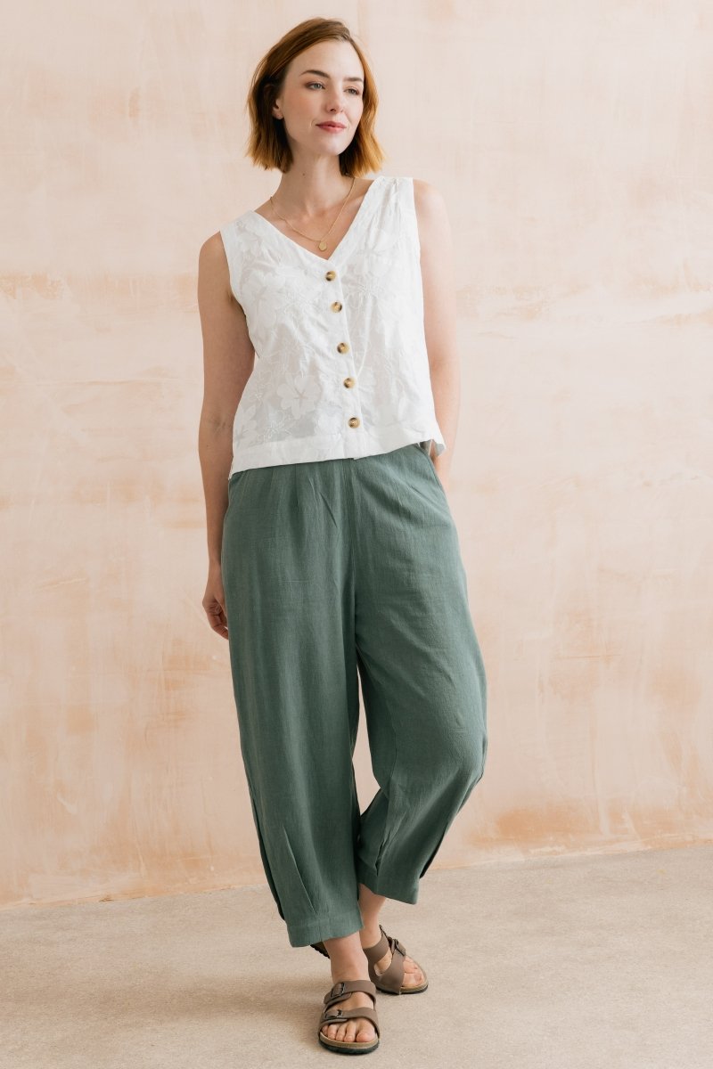 Sail Linen Blend Cropped Trousers Laurel Green - RUTHERFORD & Co