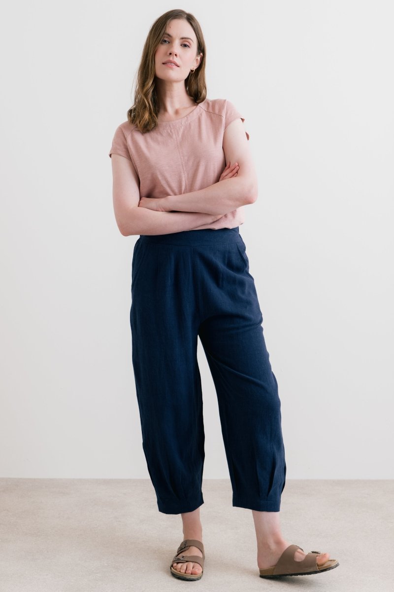 Sail Linen Blend Cropped Trousers Navy - RUTHERFORD & Co