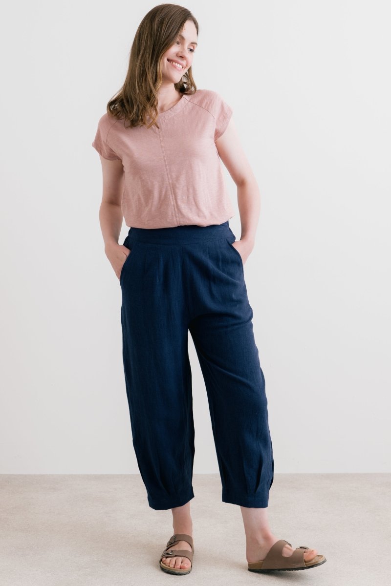 Sail Linen Blend Cropped Trousers Navy - RUTHERFORD & Co