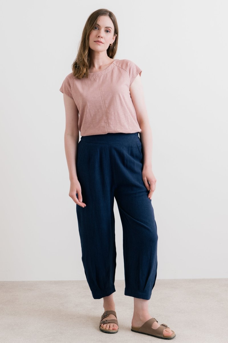 Sail Linen Blend Cropped Trousers Navy - RUTHERFORD & Co