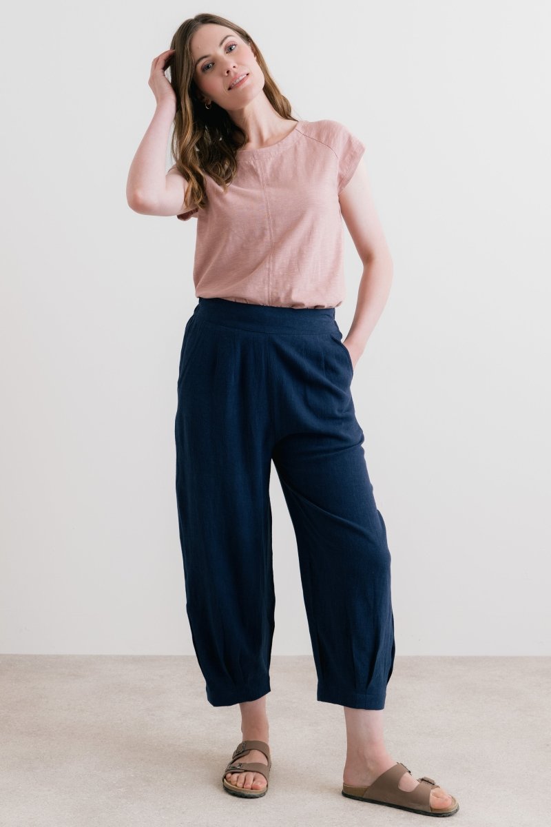 Sail Linen Blend Cropped Trousers Navy - RUTHERFORD & Co