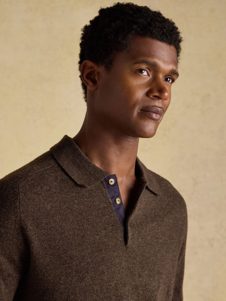 Sampson Lambswool Brown Long Sleeve Knitted Polo Shirt - RUTHERFORD & Co